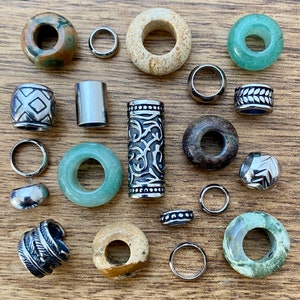 Green Set Of 20 | Dreadlock Beads | Stainless + Gemstone 6mm - 8mm Hole (1/4 - 5/16 Inch) Dread Jewelry Dreadlock Accessories