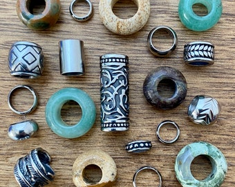 Green Set Of 20 | Dreadlock Beads | Stainless + Gemstone 6mm - 8mm Hole (1/4 - 5/16 Inch) Dread Jewelry Dreadlock Accessories