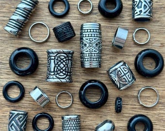 Black Agate & Stainless Steel Dreadlock Bead Set - 25 Piece Mix