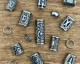 Viking Runes Dreadlock Beads – Stainless Steel Beard Rings, Set of 15