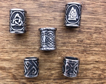 Viking Beads | Dreadlock Hair / Beard Beads 8mm Hole (5/16 Inch) Set Of 5 | Celtic Dread Beads | Stainless Steel