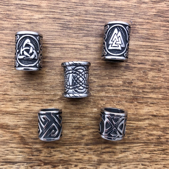 Viking Beads | Dreadlock Hair / Beard Beads 8mm Hole (5/16 Inch) Set Of 5 | Celtic Dread Beads | Stainless Steel