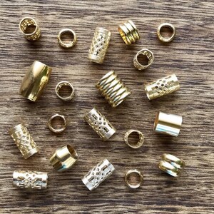 Set Of 20 Golden Stainless Steel Dread Bead Pack 5mm/6mm Hole (3/16 - 1/4 Inch) Gold Dreadlock Beads + Filigree Dread Cuffs