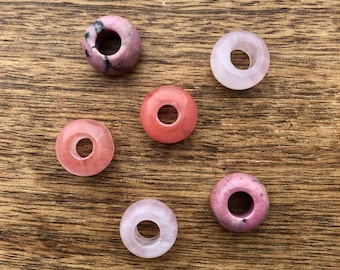 Set Of 6 Pink Gemstone Dreadlock Beads 6mm Hole (1/4 Inch) Dreadlock Accessories Hair Beads Rose Quartz | Cherry Quartz, Rhodonite