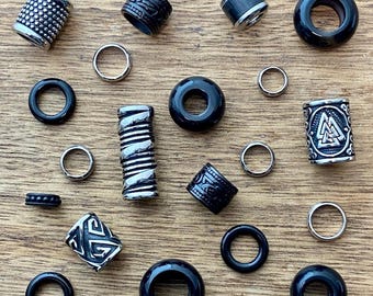 Schwarze Achat & Edelstahl Dreadlock Perlen Set - 20 Stück