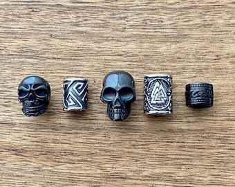 Black Skull Viking Dreadlock Beads: Stainless Steel Celtic Beard Charms - Set of 5