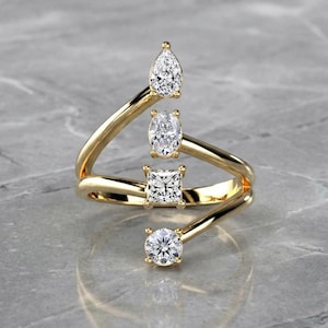 Verlovingsring met vier stenen en gespleten ringband, 14-karaats massief gouden ring met laboratoriumdiamanten, unieke trouwring met meerdere diamanten, jubileumcadeau