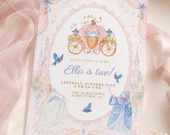 Cinderella Invitation - Princess Birthday Invitation - Editable Canva Template - Pink & Blue Birthday Invite - Instant Download