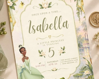 Verjaardagskaart Prinses Tiana, Uitnodiging Prinses en de Kikker, Tiana verjaardagsfeestje, Prinses in aquarel, Bewerkbaar Canva-sjabloon