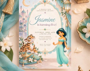 Invito di compleanno della Principessa Jasmine, invito di compleanno di Aladdin, festa a tema principesse arabe, invito ad acquerello, modello Canva modificabile