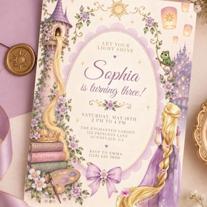 May include: A rectangular birthday invitation card featuring a purple tower, a long-haired character in a purple dress, a green chameleon, floating lanterns, and books labelled Dream, Create, and Explore. Text reads: Let your light shine, Sophia is turning three, Saturday, May 18th, 2 PM to 4 PM, The Enchanted Garden, 123 Princess Lane, Sunnyvale, CA, RSVP to Emma (123) 456-7890.