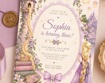 Rapunzel-Geburtstagseinladung, Rapunzel-Geburtstagseinladung im Aquarell-Stil, bearbeitbare Canva-Vorlage, sofortiger Download