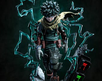 May include: A detailed figurine of a dark-haired character wearing a tattered green suit, a beige scarf, and metallic leg armor. The figure is surrounded by jagged, glowing teal energy bolts and stands on a base of rubble with a traffic light.