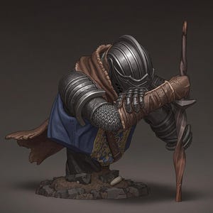 May include: A miniature figurine of a knight in silver plate armor and chainmail, wearing a blue tunic with gold embroidery and a brown cloak. The knight is kneeling on a rocky base, resting both hands on the hilt of a long, slender sword.