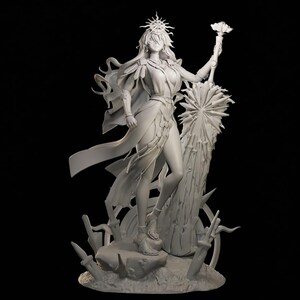 May include: A monochromatic, unpainted resin figurine of a standing character wearing a flowing robe, a crown with radiating spikes, and sandals. The character holds a staff topped with a flower-like ornament and stands beside a large, textured pillar.