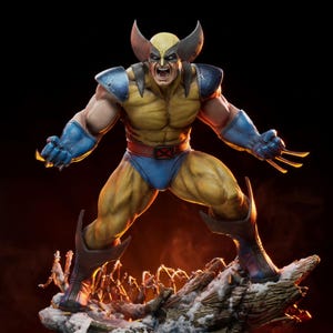 May include: A detailed figurine of a muscular character wearing a yellow and blue suit with a red belt featuring an X emblem. The character has a yellow mask with black ear-like points, blue gloves with three extended metal claws, and blue boots.