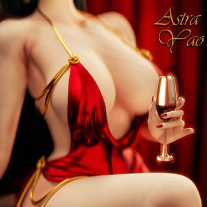May include: A figure wearing a red satin bodysuit with thin gold straps and gold accents, holding a tall glass of red wine. The text Astra Pao is visible in the upper right corner. The figure has red nail polish on their fingers.