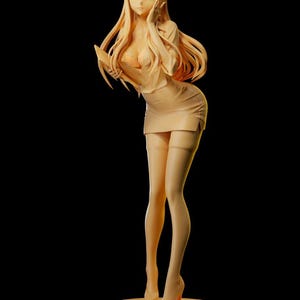 May include: A monochromatic peach-colored anime-style figurine of a standing character with long hair. The figure wears a collared shirt, a short skirt, and high heels, while holding a small rectangular object near the chest area on a circular base.