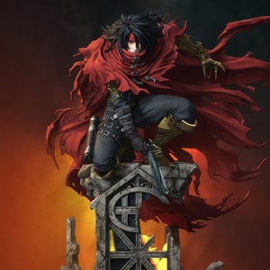 May include: A detailed collectible figurine of a dark-haired character wearing a flowing red cloak, black tactical gear, and gold-toned gauntlets. The figure is crouched on a weathered stone pillar, holding a long-barreled handgun in a dynamic pose.