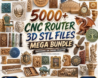 Può includere: Una collezione digitale di oltre 5000 file STL 3D per router CNC con varie sculture in rilievo, inclusi componenti di mobili, figure di animali, ornamenti architettonici, motivi floreali e pannelli decorativi con sovrapposizioni di testo.
