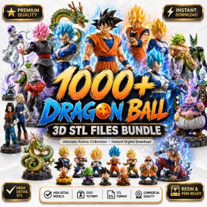 1000+ Dragon Ball 3D STL-filer i paket | Anime STL-samling | Saiyan, Z-krigare, skurkar, drakar, fusion, chibi, byster, dioramor och mer