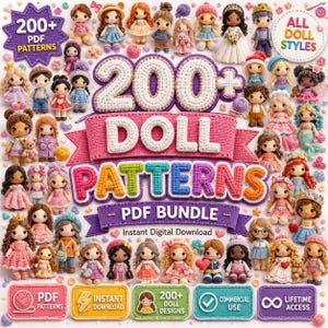 Könnte beinhalten: Eine Sammlung von über 200 Häkelanleitungen für Puppen als digitales Paket. Das Bild zeigt zahlreiche kleine, bunte, handgefertigte Puppen mit verschiedenen Outfits und Frisuren sowie den Text 200+ DOLL PATTERNS PDF BUNDLE.