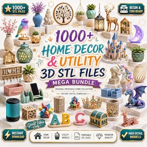 Op de afbeelding: Een digitale collectie van 1000+ 3D STL-bestanden voor huisdecoratie en gebruiksvoorwerpen. De afbeelding toont diverse geprinte modellen, waaronder een kasteel, een eenhoorn, een draak, plantenbakken, lantaarns en opbergers.