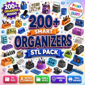 Könnte beinhalten: Eine digitale Sammlung von über 200 intelligenten Organizer-Designs in einem STL-Paket. Das Bild zeigt verschiedene 3D-druckbare Aufbewahrungseinheiten für Zuhause und Büro, darunter Stiftehalter, Gerätehalterungen und modulare Ablagen.