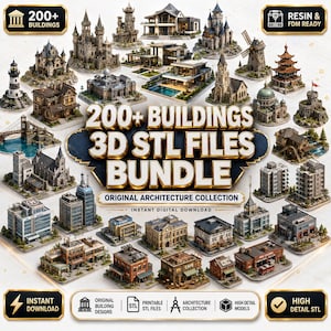 May include: A digital collection of 200+ buildings 3D STL files bundle for resin and FDM printing. The image displays various architectural models including castles, modern homes, a lighthouse, and city structures with the text 200+ BUILDINGS 3D STL FILES BUNDLE.
