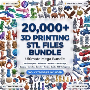Puede incluir: Una colección digital de más de 20,000 archivos STL para impresión 3D que incluye una gran variedad de figuras en miniatura, dragones, animales, vehículos, joyas y bustos. El texto central dice 20,000+ 3D PRINTING STL FILES BUNDLE.
