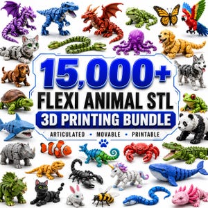 May include: A digital collection of 15,000+ flexi animal STL files for 3D printing, featuring articulated, movable, and printable designs of various creatures including dragons, dinosaurs, dogs, cats, sea life, and insects displayed in a grid.