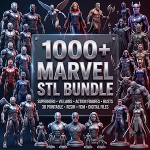 Könnte beinhalten: Eine digitale Sammlung von über 1000 Marvel STL-Dateien mit verschiedenen Superhelden- und Schurken-Actionfiguren und Büsten. Der zentrale Text lautet 1000+ MARVEL STL BUNDLE, ergänzt durch die Begriffe superhero, villains, action figures, busts, 3D printable, resin, FDM, digital files.