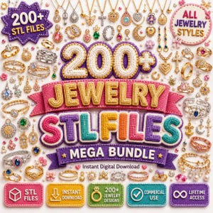 Pode incluir: Uma coleção digital de mais de 200 arquivos STL de joias com vários designs de anéis, colares e brincos. A imagem exibe texto em estilo bordado lendo 200+ Jewelry STL Files Mega Bundle, Instant Digital Download e ícones.