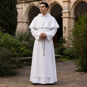 May include: A floor-length white monastic habit featuring a hooded cowl, long sleeves, and a simple, loose-fitting silhouette. A black beaded rosary with a silver-toned crucifix hangs from the waist, resting against the front of the garment.