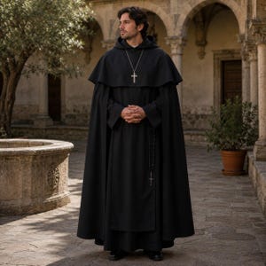 May include: A black hooded robe featuring a capelet, long sleeves, and a floor-length skirt. A silver-toned cross pendant hangs from a chain around the neck, and a black beaded rosary with a silver cross hangs from the waist of the garment.