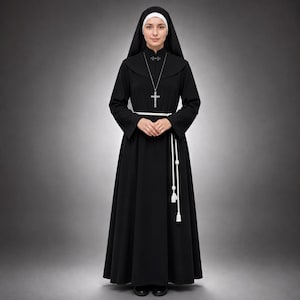 Puede incluir: Un hábito negro que consiste en un vestido largo de manga larga con cuello alto, una toca blanca y un velo negro. Un cinturón de cordón blanco con borlas cuelga de la cintura, y un crucifijo de tono plateado cuelga de una cadena alrededor del cuello.