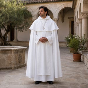 May include: A full-length white religious habit featuring a hooded capelet, long flowing sleeves, and a structured front panel. A silver-toned cross pendant on a chain is worn around the neck, resting against the solid white fabric of the garment.