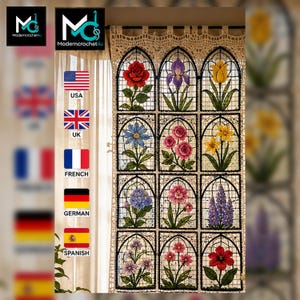 Può includere: Una tenda all'uncinetto color crema con una griglia di dodici pannelli ad arco, ognuno dei quali mostra una diversa illustrazione floreale colorata, tra cui rose, iris, tulipani e ortensie, con il testo Moderncrochet4u e varie bandiere.