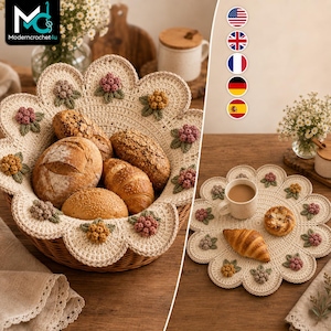May include: A round, cream-colored crocheted basket liner and a matching circular placemat, both featuring a scalloped edge decorated with small, three-dimensional crocheted flowers in shades of pink, yellow, and green, arranged in a floral pattern.