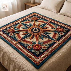 May include: A square crochet blanket featuring a central compass rose design in shades of deep blue, rust orange, cream, and teal. The intricate pattern includes raised floral motifs at the center of each side, surrounded by geometric borders.