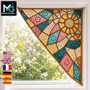 May include: A triangular crochet window valance featuring a stained-glass inspired design with intricate geometric patterns in shades of gold, teal, and pink. The piece is constructed with fine yarn, creating a lace-like texture throughout.