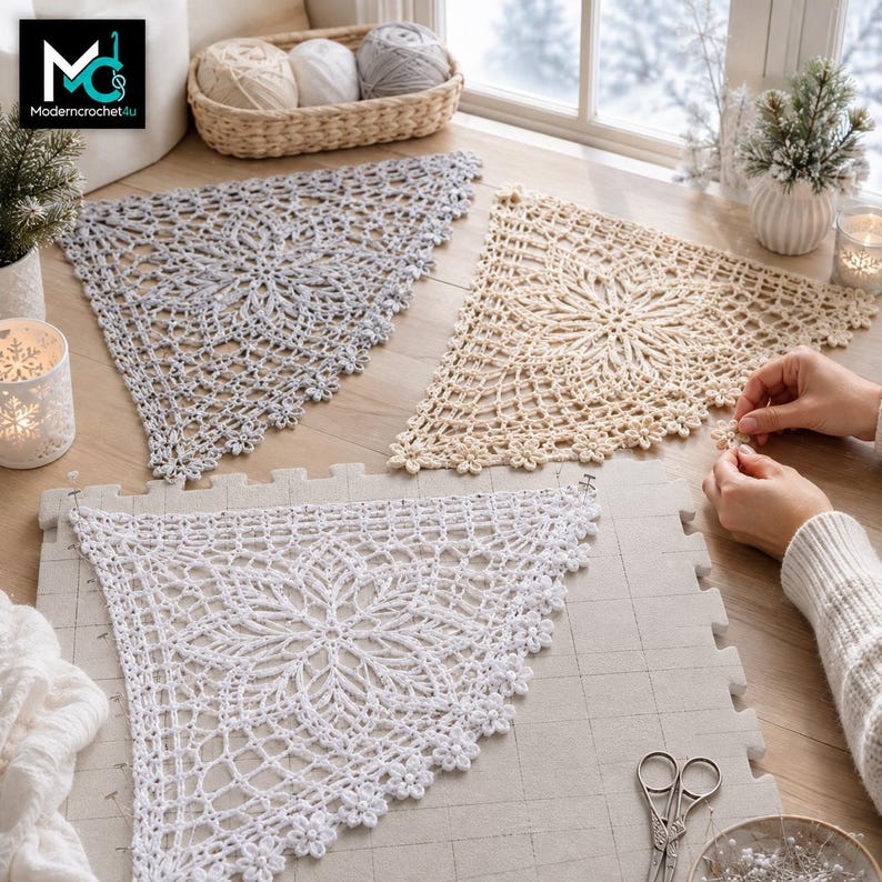 Snowflake Crochet Window Corner Pattern Trio, Triangular Lace Decor PDF ...