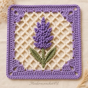 May include: A square crochet motif featuring a central lavender flower in purple with green leaves, surrounded by a cream-colored lattice pattern. The border is worked in purple yarn with corner details. The text Moderncrochet4U is visible at the bottom.