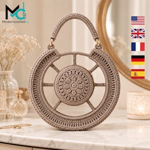 May include: A circular beige crochet handbag featuring a central medallion design with a wheel-like structure and a single top handle. The bag is constructed with intricate yarn stitching and includes a gold-toned zipper closure on the central compartment.