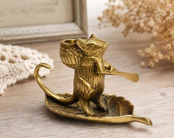 Brass Mouse Candle Holder, Whimsical Taper Candlestick, Rowing Mouse Cottagecore Home Decor