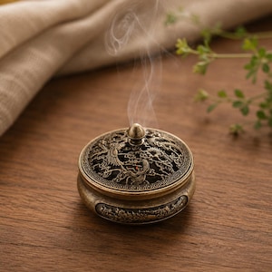 Rökelsekar i mässing med drake Phoenix, kinesiskt runt rökelsekar med lock, Feng Shui-dekor