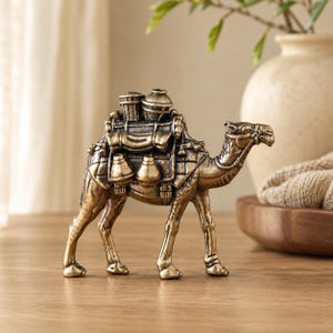 Kamelfigur i mässing, mini-husvagnsstaty, skrivbordsdekoration i öknen