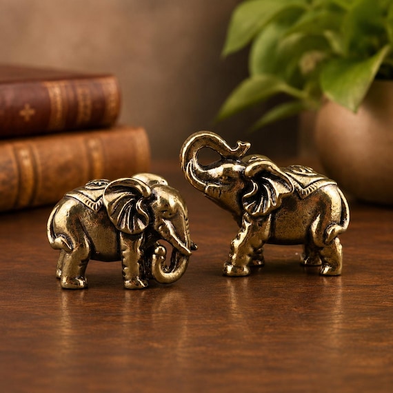 Brass Elephant Figurines, Miniature Lucky Elephant Statues, Vintage Desk and Shelf Decor