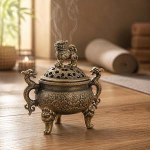 May include: A bronze-colored metal incense burner featuring a round body with intricate floral relief patterns, three legs shaped like lion heads, and two dragon-shaped handles. The lid is topped with a small lion figure and emits wisps of smoke.