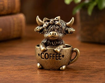 Brass Highland Cow Coffee Cup Figurine, Miniature Rustic Desk Shelf Decor